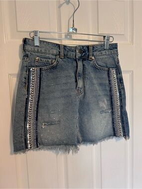 Free People Denim Mini Skirt with Embellished Side Trim